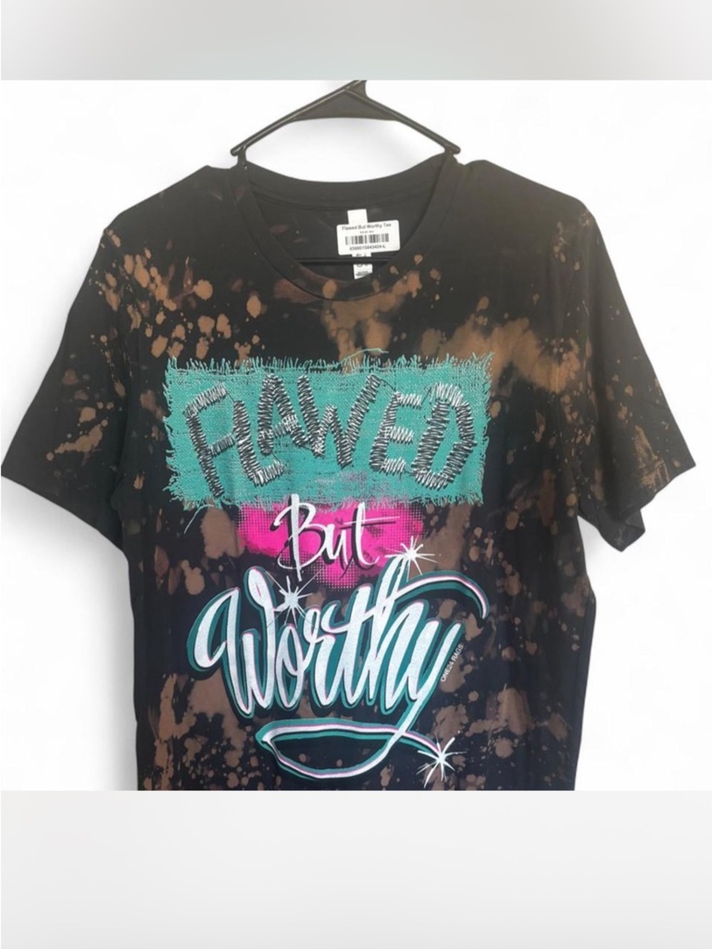 Flawed But Worthy Graphic Women’s Tee - Black with Teal & Pink